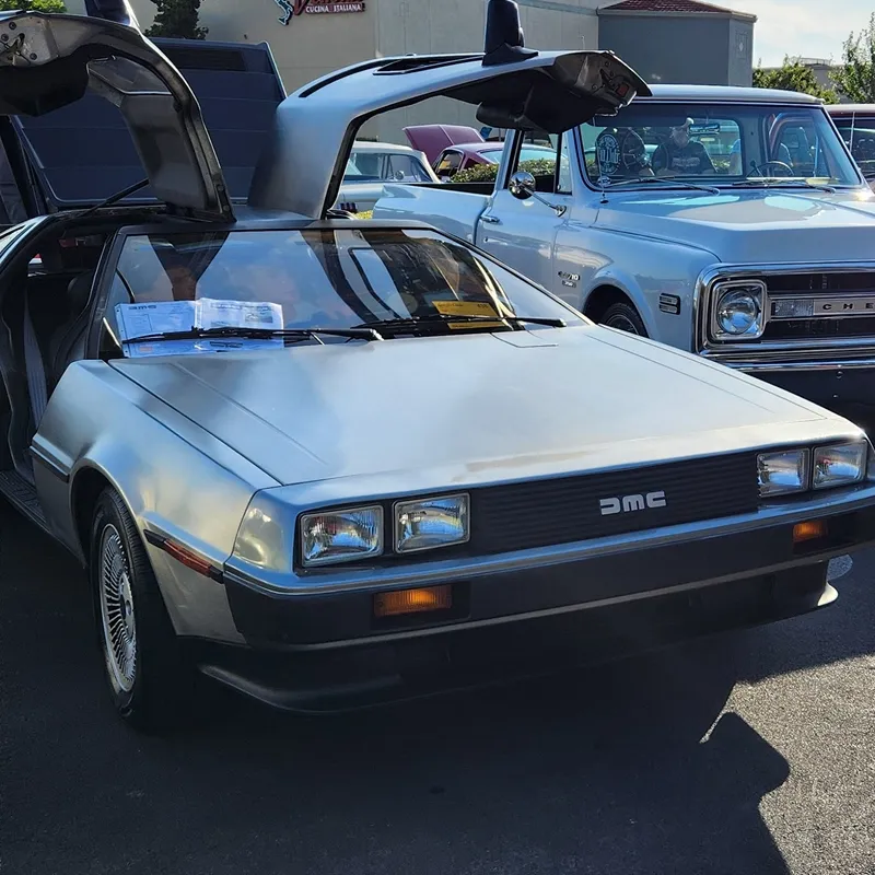 DeLorean with gull-wing door open for photo opportunities